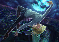 Rule 34 | 1girl, :d, absurdres, antenna hair, arcueid brunestud, backlighting, belt boots, black pantyhose, blonde hair, blue skirt, boots, breasts, brown footwear, chromatic aberration, city, dutch angle, floating, highres, huge moon, light particles, looking at viewer, miniskirt, moon, moonlight, night, open mouth, outdoors, outstretched arms, pantyhose, pleated skirt, red eyes, short hair, skirt, slit pupils, smile, solo, spread arms, sweater, takamiko 02, tsukihime, tsukihime (remake), turtleneck, turtleneck sweater, upside-down, white sweater