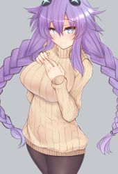 Rule 34 | 1girl, blue eyes, braid, breasts, cowboy shot, dura, hand on own chest, large breasts, long hair, looking at viewer, neptune (series), power symbol, power symbol-shaped pupils, purple hair, purple heart (neptunia), revision, smile, solo, striped, sweater, symbol-shaped pupils, twin braids, twintails, vertical stripes, very long hair