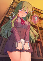 Rule 34 | 1girl, blush, book, bookshelf, braid, breasts, collared shirt, commentary request, flying sweatdrops, green hair, hair between eyes, high-waist skirt, highres, holding, holding book, indoors, jacket, library, long hair, long sleeves, looking away, looking to the side, mankai kaika, medium breasts, necktie, nose blush, open clothes, open jacket, original, pleated skirt, purple eyes, purple jacket, purple shirt, purple skirt, red necktie, school uniform, shirt, side braid, skirt, solo, thighs, thought bubble, translation request, very long hair
