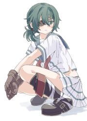 Rule 34 | 1girl, alternate hairstyle, blush, boots, brown gloves, closed mouth, eyepatch, gloves, green eyes, green hair, highres, kantai collection, kiso (kancolle), knee boots, low ponytail, narukan, neckerchief, own hands together, pleated skirt, ponytail, red neckerchief, sailor collar, school uniform, serafuku, shoes, short sleeves, simple background, skirt, solo, squatting, twitter username, white background