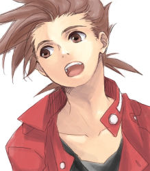 Rule 34 | 00s, 1boy, brown eyes, brown hair, buttons, face, iwatsuki, jacket, lloyd irving, male focus, open mouth, short hair, simple background, solo, spiked hair, tales of (series), tales of symphonia, white background