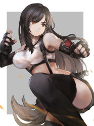 Rule 34 | 1girl, absurdres, akefumi, armpits, bare shoulders, belt, black bra, black hair, black thighhighs, border, bra, breasts, clenched hand, closed mouth, commentary request, elbow gloves, fighting stance, final fantasy, final fantasy vii, final fantasy vii remake, fingerless gloves, gloves, grey background, highres, leg up, long hair, looking away, low-tied long hair, midriff, miniskirt, outside border, pleated skirt, red eyes, shirt, signature, simple background, skirt, solo, sports bra, suspenders, tank top, taut clothes, taut shirt, thighhighs, tifa lockhart, underwear, upskirt, white border, white shirt