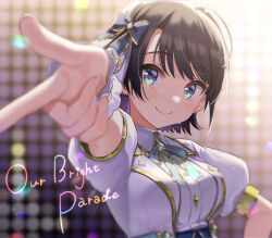 Rule 34 | 1girl, black hair, black ribbon, blue eyes, blurry, blurry background, blurry foreground, blush, breasts, commentary, finger gun, hair ribbon, hololive, hololive idol uniform (bright), jacket, looking at viewer, medium breasts, oozora subaru, puffy short sleeves, puffy sleeves, reaching, reaching towards viewer, ribbon, shigure ui, shirt, short hair, short sleeves, smile, solo, sweat, swept bangs, symbol-only commentary, virtual youtuber, white jacket, white shirt