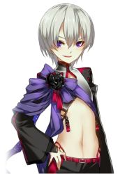 Rule 34 | 1boy, androgynous, artist request, ash (closers), closers, eyeliner, grey hair, handheld game console, lowres, makeup, male focus, midriff, navel, official art, playstation portable, purple eyes, smile, solo, tagme