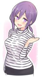 Rule 34 | 1girl, :d, apron, blush, breasts, cowboy shot, hand up, long sleeves, medium breasts, minoa (lastswallow), open mouth, original, ponytail, purple eyes, purple hair, shirt, short hair, simple background, smile, solo, striped clothes, striped shirt, turtleneck