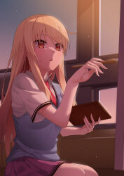 Rule 34 | 1girl, absurdres, blonde hair, blue sweater vest, breasts, collared shirt, highres, holding, holding paintbrush, indoors, long hair, medium breasts, necktie, paintbrush, painting (action), pink skirt, red eyes, red necktie, sakura-sou no pet na kanojo, school uniform, shiina mashiro, shirt, short sleeves, sitting, skirt, slope (check238), small breasts, solo, sunset, sweater vest, white shirt