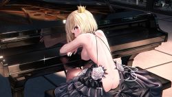 Rule 34 | 1girl, absurdres, ass, back, backless dress, backless outfit, bare arms, bare shoulders, black dress, blonde hair, blush, breasts, building, butt crack, commission, covered mouth, cream (cream), crown, dress, duplicate, flower, from behind, grand piano, highres, indoors, instrument, layered dress, looking at viewer, looking back, medium breasts, mini crown, nay, night, nipples, no bra, no panties, original, piano, piano bench, pleated dress, red eyes, reflection, rose, second-party source, short hair, sideboob, sitting, skyscraper, solo, tilted headwear, white flower, white rose, window