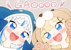 Rule 34 | 2girls, absurdres, animal hands, animal hood, blonde hair, blue eyes, blue hair, blue hoodie, blush, commentary request, english text, flippers, gawr gura, gawr gura (1st costume), gloves, grey background, hair ornament, hands up, highres, hololive, hololive english, hood, hood up, hoodie, huge filesize, lion hood, looking at viewer, multicolored hair, multiple girls, neru (flareuptf1), open mouth, paw gloves, shark hood, sharp teeth, silver hair, simple background, streaked hair, teeth, tongue, upper body, upper teeth only, virtual youtuber, watson amelia, yellow hoodie