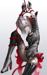 Rule 34 | 1girl, arknights, black gloves, black jacket, boots, bound, bound arms, bound wrists, breasts, demon horns, gloves, grey hair, high heel boots, high heels, highres, horns, iumu, jacket, looking at viewer, medium breasts, pantyhose, red eyes, restrained, short hair, solo, tail, thigh boots, w (arknights)