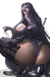 Rule 34 | 1girl, absurdres, ass, black hair, blush, boots, breasts, from behind, high heel boots, high heels, highres, huge ass, iron saga, large breasts, long hair, long sleeves, looking at viewer, looking back, oboro (iron saga), pixiv26962825, red eyes, solo, squatting, thigh boots, white background