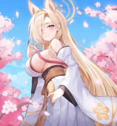 Rule 34 | 1girl, absurdres, animal ears, bare shoulders, blonde hair, blue archive, blush, breasts, cherry blossoms, closed mouth, commentary request, detached sleeves, flower, fox ears, fox shadow puppet, from side, hair ornament, hairband, halo, hand up, highres, japanese clothes, kaho (blue archive), large breasts, long hair, long sleeves, looking at viewer, mole, mole under mouth, morung, outdoors, sideboob, smile, solo, thick eyebrows, wide sleeves, yellow eyes, yellow hairband