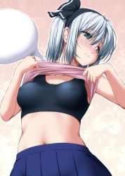 Rule 34 | 1girl, bare arms, bare shoulders, black hairband, black ribbon, black tank top, blue skirt, blush, clothes lift, collarbone, commentary request, covered erect nipples, cowboy shot, crop top, gradient background, green eyes, hair between eyes, hair ribbon, hairband, hitodama, konpaku youmu, konpaku youmu (ghost), lens flare, lifting own clothes, looking to the side, midriff, navel, nori tamago, nose blush, pink background, pink shirt, pleated skirt, ribbon, shirt, shirt lift, short hair, sidelocks, silver hair, skirt, solo, sparkle, sports bra, stomach, tank top, touhou