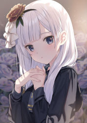 Rule 34 | 1girl, black jacket, blue eyes, blunt bangs, blush, commentary request, fingernails, flower, hair flower, hair ornament, hair over shoulder, hair ribbon, hairband, hands up, highres, jacket, jimmy madomagi, long hair, long sleeves, looking at viewer, own hands together, parted lips, project sekai, red flower, ribbon, solo, white hair, white ribbon, yoisaki kanade