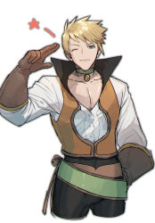 Rule 34 | 1boy, black pants, blonde hair, blue eyes, brown gloves, choker, closed mouth, commentary request, cropped legs, gloves, green choker, guy cecil, high collar, highres, looking at viewer, male focus, none (kameko227), one eye closed, pants, pectoral cleavage, pectorals, simple background, solo, spiked hair, star (symbol), tales of (series), tales of the abyss, white background