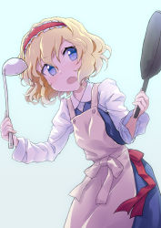 Rule 34 | 1girl, alice margatroid, apron, blonde hair, blue background, blue eyes, cooking, frying pan, hairband, hands up, highres, ikamagu, ladle, lolita hairband, looking to the side, open mouth, short hair, simple background, solo, touhou
