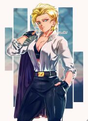 Rule 34 | 1girl, absurdres, android 18, artist name, belt, black bra, black pants, blonde hair, blue eyes, bra, breasts, cleavage, commentary, contrapposto, cowboy shot, dragon ball, dragonball z, fingerless gloves, frown, gloves, hair pulled back, hand in pocket, highres, jacket, jacket over shoulder, unworn jacket, large breasts, medium hair, open clothes, open shirt, pants, sarulart, shirt, shirt tucked in, solo, underwear, white shirt