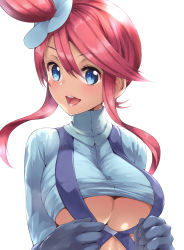 Rule 34 | 1girl, :d, amasora taichi, blue eyes, blue gloves, blue shirt, blush, breasts, brown hair, cleavage, commentary request, creatures (company), crop top, dark-skinned female, dark skin, game freak, gloves, gym leader, hair between eyes, hair bun, hair ornament, highres, large breasts, long hair, looking at viewer, nintendo, one side up, open mouth, pokemon, pokemon bw, round teeth, shirt, sidelocks, simple background, single hair bun, skyla (pokemon), smile, solo, tareme, teeth, underboob, upper body, upper teeth only, v-shaped eyebrows, white background