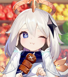 Rule 34 | 2girls, ainy, apple, arm armor, black gloves, blue eyes, blue scarf, blurry, blurry background, blush, closed mouth, commentary request, crystal hair ornament, detached sleeves, dress, fingerless gloves, fingernails, food, fruit, genshin impact, gloves, grey hair, hair between eyes, hair ornament, halo, hands on another&#039;s face, holding, holding food, long sleeves, looking at viewer, lumine (genshin impact), meat, mechanical halo, multiple girls, one eye closed, paimon (genshin impact), pepper, scarf, short hair, solo focus, sweatdrop, white dress, yellow pepper