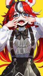 Rule 34 | 1girl, animal ears, bespectacled, black bow, black hair, black skirt, blue eyes, blush, bow, bowtie, commentary, english commentary, fangs, glasses, gradient background, hair between eyes, hair bow, hakos baelz, hands on own face, harutyansann, heart, highres, hololive, hololive english, long hair, long sleeves, looking at viewer, mouth pull, multicolored hair, open mouth, red hair, round eyewear, sharp teeth, skirt, smile, solo, streaked hair, suspenders, teeth, tongue, tongue out, virtual youtuber, white hair, wolf ears, yellow background