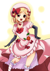 Rule 34 | 1girl, black gloves, blonde hair, bobby socks, bow, dress, elbow gloves, gloves, hair bow, hat, highres, kneehighs, lambdadelta, looking at viewer, negiko, open mouth, pink hat, red eyes, short hair, smile, socks, solo, striped clothes, striped socks, umineko no naku koro ni, uneven eyes