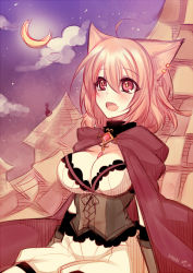 Rule 34 | 1girl, :d, ahoge, animal ears, blush, breasts, bright pupils, cape, cat, cleavage, crescent moon, dated, earrings, fox ears, hair between eyes, jewelry, konshin, large breasts, looking up, moon, night, night sky, open mouth, original, outdoors, red cape, red eyes, rooftop, short hair, shorts, signature, sitting, sky, smile, solo