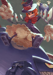 Rule 34 | 1girl, artificial limb, boots, bow, bowtie, bubble skirt, commentary request, creature, dress, extra eyes, gloves, hat, orange hair, peacock (skullgirls), purple dress, red bow, red bowtie, sharp teeth, short hair, skirt, skullgirls, solo, teeth, top hat, zakusi