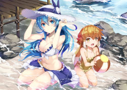 Rule 34 | 2girls, :d, absurdres, animal ears, ball, bare arms, bare legs, bare shoulders, beach, beachball, bikini, bikini skirt, bikini top only, blue eyes, blue hair, blue skirt, breasts, brown hair, brown one-piece swimsuit, casual one-piece swimsuit, cleavage, closed mouth, collarbone, colored tips, commentary request, day, dock, frilled swimsuit, frills, front-tie bikini top, front-tie top, full body, hair between eyes, hands on headwear, hat, highres, holding, holding ball, kneeling, large breasts, long hair, looking at viewer, multicolored hair, multiple girls, navel, ocean, one-piece swimsuit, open mouth, original, pier, rock, sitting, skirt, small breasts, smile, sun hat, swimsuit, white bikini, white hair, white hat, yellow eyes, yellow one-piece swimsuit, zelitto