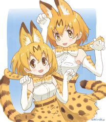 Rule 34 | 10s, 1girl, :3, :d, animal ears, armpit peek, bare shoulders, blonde hair, blush stickers, bow, bowtie, breast pocket, breasts, brown eyes, commentary request, dot nose, elbow gloves, gloves, hair between eyes, kemono friends, looking at viewer, medium breasts, multiple views, open mouth, paw pose, pocket, serval (kemono friends), serval print, serval tail, shirt, short hair, signature, skirt, smile, tail, umiroku, white gloves, white shirt, yellow skirt