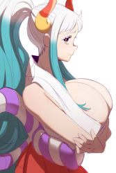 Rule 34 | 1girl, bad id, bad twitter id, bare shoulders, breasts, closed mouth, crossed arms, curled horns, eyelashes, from side, green hair, hair ornament, hair stick, highres, horns, huge breasts, japanese clothes, kimono, lips, long hair, looking at viewer, looking to the side, multicolored hair, multicolored horns, nipples, no bra, one piece, oni, orange horns, red horns, rope, shimenawa, sho-n-d, simple background, sleeveless, sleeveless kimono, solo, two-tone hair, upper body, very long hair, white background, yamato (one piece), yellow eyes