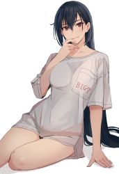 Rule 34 | 1girl, alternate costume, arm support, bare legs, black hair, closed mouth, clothes writing, collarbone, hair between eyes, highres, kantai collection, kasumi (skchkko), light smile, long hair, looking at viewer, nagato (kancolle), red eyes, shirt, short sleeves, simple background, solo, white background, white shirt
