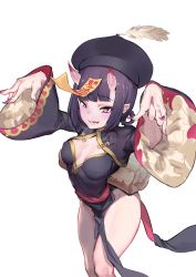 Rule 34 | 1girl, absurdres, atorosu, black dress, blush, braid, braided hair rings, breasts, china dress, chinese clothes, cleavage cutout, clothing cutout, dress, eyeliner, fate/grand order, fate (series), fingernails, hair rings, hands up, hat, heroic spirit festival outfit, highres, horns, jiangshi, long sleeves, looking at viewer, makeup, nail polish, ofuda, oni, open mouth, outstretched arms, peacock feathers, pelvic curtain, pointy ears, purple eyes, purple hair, qingdai guanmao, sash, sharp fingernails, short eyebrows, short hair, shuten douji (fate), shuten douji (festival outfit) (fate), side slit, skin-covered horns, small breasts, smile, solo, thighs, wide sleeves, zombie pose