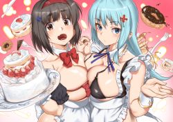 Rule 34 | 2girls, :d, apron, bikini, black bikini, blue eyes, blue hair, blue ribbon, bow, bowtie, breast press, breasts, brown eyes, brown hair, cake, cleavage, closed mouth, cross hair ornament, detached collar, doughnut, eyepatch bikini, fangs, fingernails, food, fork, from side, fruit, hair ornament, hairband, hand up, hands up, highres, holding, holding cake, holding food, holding hands, holding tray, honey, interlocked fingers, large breasts, long hair, looking at viewer, looking to the side, maid, maid apron, medium hair, multiple girls, neck ribbon, open mouth, original, pastry, ramanda, red bikini, red bow, red hairband, red neckwear, ribbon, skin fangs, smile, strawberry, strawberry shortcake, swimsuit, symmetrical docking, tareme, tray, tsurime, waitress, white apron, wing collar, wrist cuffs