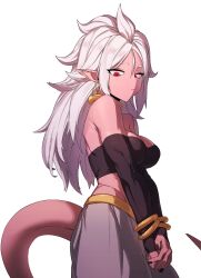 Rule 34 | 1girl, android 21, arabian clothes, bare shoulders, black nails, bracelet, breasts, colored skin, dragon ball, dragon ball fighterz, dragonball z, harem outfit, highres, jewelry, large breasts, looking down, majin android 21, muscular, muscular female, pink skin, pointy ears, red eyes, solo, tail, white hair, zequung, zquung
