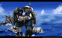 Rule 34 | 10s, 3girls, akatsuki (kancolle), anchor, anchor symbol, black hair, cannon, commentary request, drum, drum (container), flat cap, hair bobbles, hair ornament, hat, instrument, kantai collection, letterboxed, long hair, machinery, multiple girls, open mouth, pleated skirt, sagiri (kancolle), sazanami (kancolle), school uniform, serafuku, sitting, skirt, standing, standing on liquid, straw hat, turret, twintails, usui harusame