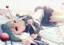 1girl, bangs, bare legs, blue dress, blue sleeves, blurry, butterfly wings, crying, depth of field, detached collar, detached sleeves, double bun, dress, dutch angle, eyelashes, foreshortening, frilled dress, frills, from above, full body, green hair, hair ribbon, hololive, juliet sleeves, long sleeves, looking at viewer, lying, maronmokaet, parted lips, perspective, pin, puffy sleeves, red eyes, ribbon, short dress, short hair, sidelocks, simple background, skull necklace, solo, strapless, strapless dress, twisted torso, uruha rushia, virtual youtuber, w arms, wide sleeves, wings