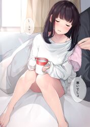 Rule 34 | 1boy, 1girl, bare legs, barefoot, bed sheet, black hair, blanket, blush, closed eyes, coffee mug, commentary request, cup, curtains, day, dress, feet, feet out of frame, hetero, highres, holding, holding clothes, holding cup, holding panties, holding underwear, indoors, knees up, lens flare, long hair, long sleeves, mug, on bed, original, panties, parted lips, pink panties, sakura no tomoru hi e, shirt, sitting, sleeves past wrists, smile, solo focus, speech bubble, steam, sweater, sweater dress, translated, underwear, unworn panties, white dress, white shirt, white sweater, window
