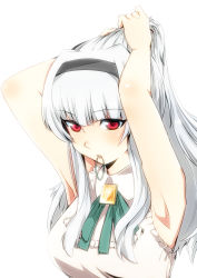 Rule 34 | 1girl, absurdres, adjusting hair, armpits, bare shoulders, breasts, hairband, highres, idolmaster, idolmaster (classic), long hair, meno~n, mouth hold, red eyes, shijou takane, silver hair, solo, white background