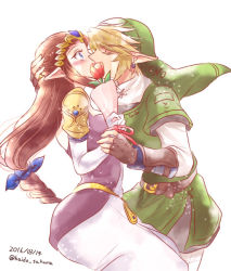 Rule 34 | 1boy, 1girl, 2016, belt, blonde hair, blue eyes, blush, bouquet, braid, brown gloves, brown hair, closed eyes, couple, covered mouth, dated, dress, earrings, elbow gloves, fingerless gloves, flower, gloves, green hat, hand on head, hat, headpiece, hetero, holding another&#039;s wrist, jewelry, kaidou mitsuki, kiss, link, long hair, low-tied long hair, nintendo, pointy ears, princess zelda, red flower, red rose, rose, short hair, surprised, the legend of zelda, the legend of zelda: twilight princess, twitter username, white gloves