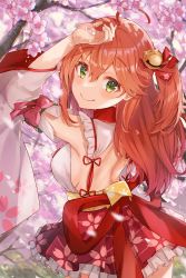 Rule 34 | 1girl, absurdres, ahoge, back, bare back, bell, breasts, cherry blossoms, closed mouth, cowboy shot, detached sleeves, frilled skirt, frills, from behind, green eyes, hair bell, hair ornament, haru yu, highres, hololive, jingle bell, long hair, looking at viewer, looking back, miniskirt, no bra, nontraditional miko, obi, one side up, pink hair, pink skirt, sakura miko, sakura miko (1st costume), sash, shoulder blades, sideboob, skirt, smile, solo, spring (season), virtual youtuber, white sleeves, wide sleeves