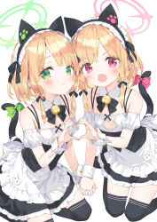 Rule 34 | 2girls, animal ears, apron, bell, black dress, black thighhighs, blonde hair, blue archive, blush, cat ears, cat tail, closed mouth, detached collar, dress, fake animal ears, flat chest, frilled apron, frills, green eyes, green halo, halo, heart, heart hands, heart hands duo, highres, jingle bell, kani biimu, looking at viewer, midori (blue archive), momoi (blue archive), multiple girls, open mouth, pink halo, red eyes, short hair, siblings, simple background, sisters, smile, tail, thighhighs, twins, white apron, white background, wrist cuffs