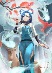 Rule 34 | 1girl, absurdres, animal, bird, blue dress, blue eyes, blue hair, branch, cherry blossoms, chinese clothes, chisel, commentary, deer, dress, feet out of frame, from below, full moon, hagoromo, haido (unisan), hair between eyes, hair ornament, hair rings, hair stick, hand up, highres, holding, holding smoking pipe, jewelry, kaku seiga, kiseru, leaf, long hair, long sleeves, looking afar, medium hair, moon, necklace, ofuda, outdoors, petals, petals on liquid, red moon, shawl, smoking pipe, standing, touhou, tree, vest, water, white vest