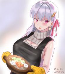 Rule 34 | 1girl, apron, bare arms, breasts, cleavage, commentary request, earrings, fate/grand order, fate (series), food, hair ornament, holding, holding food, hotpot, jewelry, kama (fate), large breasts, meme attire, open-chest sweater, oven mitts, pink eyes, pot, ribbon, sideboob, sleeveless, solo, standing, sweatdrop, sweater, white hair, zenshin