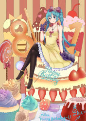 Rule 34 | 10s, 1girl, 2015, :q, absurdres, aqua eyes, aqua hair, black pantyhose, cake, crossed legs, cupcake, dated, dress, food, gloves, happy birthday, hatsune miku, high heels, highres, in food, jewelry, long hair, looking at viewer, mini person, minigirl, necklace, pantyhose, sitting, smile, solo, striped, striped background, tongue, tongue out, twintails, very long hair, vocaloid