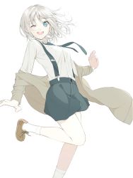 Rule 34 | 1girl, ;d, aspara, black jacket, black necktie, black shorts, blue eyes, floating hair, highres, jacket, long hair, looking at viewer, necktie, one eye closed, open clothes, open jacket, open mouth, original, shirt, shorts, silver hair, simple background, smile, socks, solo, standing, suspender shorts, suspenders, white background, white shirt, white socks