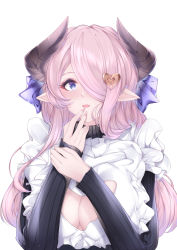 Rule 34 | 1921494015, 1girl, absurdres, blue eyes, breasts, cleavage, cleavage cutout, clothing cutout, draph, fingernails, frills, granblue fantasy, hair ornament, hair over one eye, heart, heart cutout, heart hair ornament, highres, horns, large breasts, long hair, long sleeves, looking at viewer, narmaya (granblue fantasy), narmaya (valentine) (granblue fantasy), official alternate costume, one eye covered, parted lips, pointy ears, sharp fingernails, simple background, solo, upper body, white background