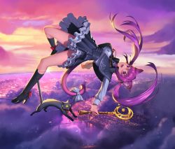Rule 34 | 1girl, above clouds, animal ears, ankle bow, ankle ribbon, black cat, black legwear, black skirt, blouse, bow, capelet, cat, cat ears, cat tail, city, cloud, dusk, falling, floating hair, frills, full body, gem, hair ornament, high heels, highres, holding, leg ribbon, long hair, magical girl, migu (iws2525), open mouth, original, purple eyes, purple hair, purple sky, red bow, ribbon, scenery, shirt, shoes, skirt, sky, socks, sun, tail, thighs, twintails, wand, white bow, white shirt