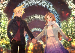 Rule 34 | 1boy, 1girl, aerith gainsborough, alternate costume, aqua eyes, artist name, black jacket, black pants, blonde hair, blue jacket, blush, brown hair, christmas lights, cloud strife, couple, cowboy shot, dated, final fantasy, final fantasy vii, final fantasy vii remake, green eyes, hair between eyes, hand in pocket, hetero, highres, holding hands, jacket, krudears, light smile, long hair, long jacket, long skirt, long sleeves, looking at another, open mouth, pants, parted bangs, plaid, plaid scarf, pleated skirt, red shirt, scarf, shirt, short hair, sidelocks, skirt, smile, spiked hair, square enix, twitter username, wavy hair, white scarf, white shirt, white skirt, winter clothes