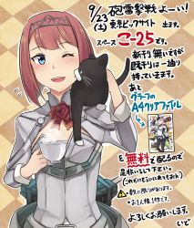 Rule 34 | 10s, 1girl, argyle, argyle background, argyle clothes, ark royal (kancolle), belt, belt buckle, black cat, blue eyes, buckle, cat, commentary request, corset, cup, flower, graf zeppelin (kancolle), hairband, holding, holding cup, ido (teketeke), kantai collection, long sleeves, one eye closed, open mouth, red flower, red hair, red ribbon, red rose, ribbon, rose, short hair, smile, solo, teacup, tiara, translation request, unsinkable sam, white corset