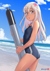 Rule 34 | 1girl, artist logo, ass, black one-piece swimsuit, blonde hair, blue eyes, cowboy shot, day, flower, hair flower, hair ornament, highres, holding, holding torpedo, kantai collection, long hair, looking at viewer, mu-pyon, ocean, one-piece swimsuit, open mouth, outdoors, pink flower, ro-500 (kancolle), school swimsuit, shirt, solo, swimsuit, tan, tanline, torpedo, twitter username, water, white shirt