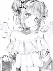 Rule 34 | + +, 1girl, absurdres, bare shoulders, blunt bangs, choker, collarbone, copyright request, frills, greyscale, hair ornament, hairclip, head tilt, highres, looking at viewer, monochrome, nanashi (nlo), simple background, smile, solo, sparkle, upper body, white background, wings, x hair ornament